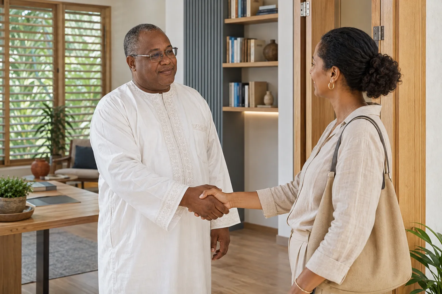 Ismael accueillant une consultante dans son cabinet
