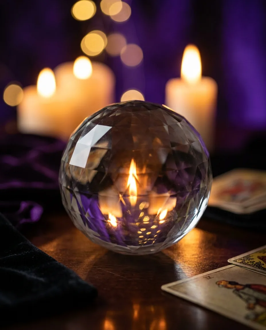 Boule de cristal éclairée à la bougie, symbole de la voyance